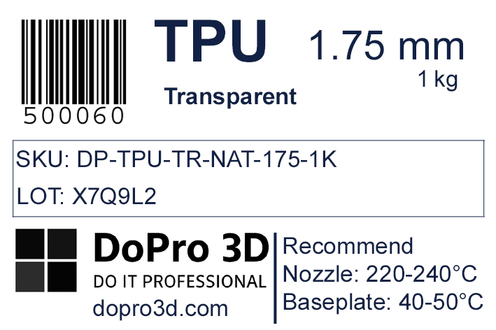 Technisches Typenschild / Label zu DoPro TPU 95A Transparent – Nexyl Class – 1,75 mm – 1,0 kg