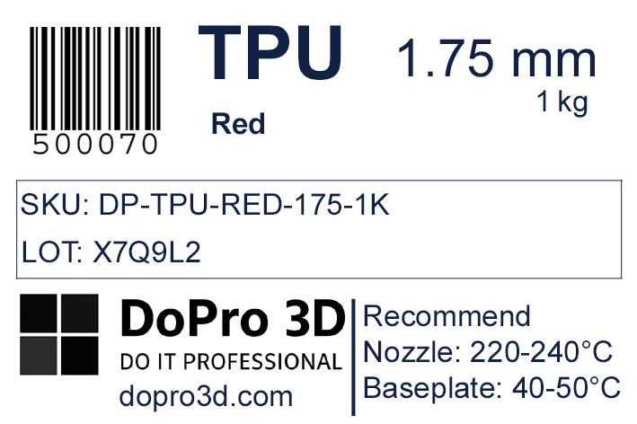 Technisches Typenschild / Label zu DoPro TPU 95A Signal Red – Nexyl Class – 1,75 mm – 1,0 kg