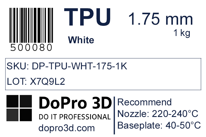 Technisches Typenschild / Label zu DoPro TPU 95A Arctic White – Nexyl Class – 1,75 mm – 1,0 kg